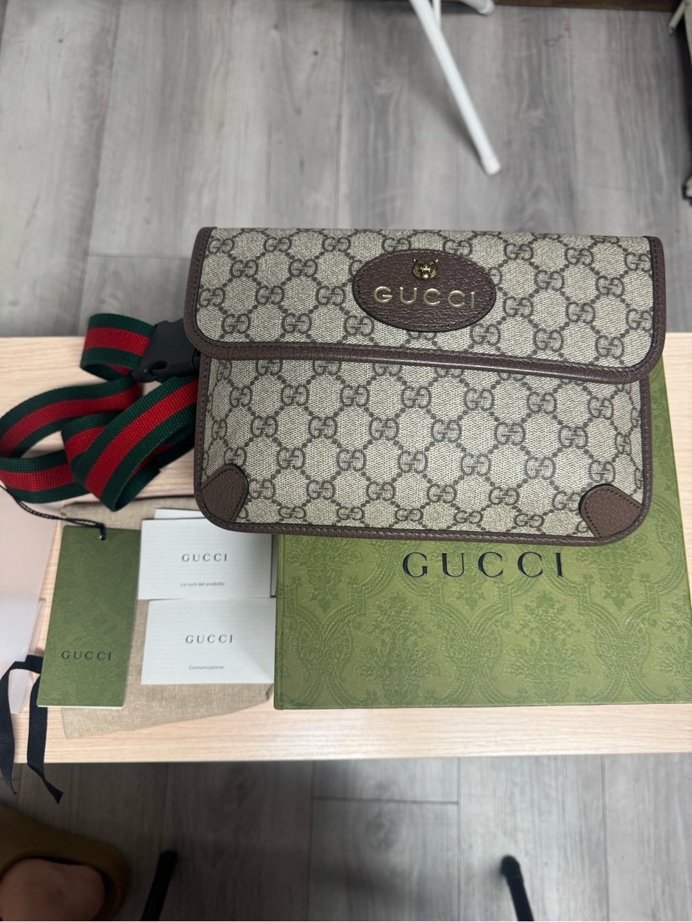 Gucci Beige/Brown GG Supreme Crossbody with Green-Red Web Strap